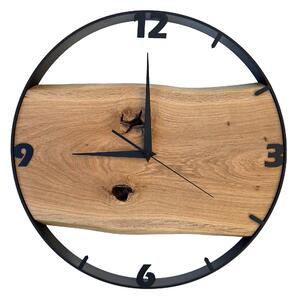 Dřevěné hodiny -45cm, přírodní dřevo - dub, černý kovový rám 45B8