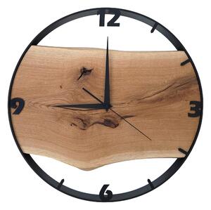 Dřevěné hodiny -45cm, přírodní dřevo - dub, černý kovový rám 45B9
