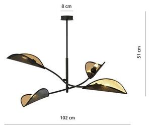 Stropní svítidlo LOTUS 4 – černé, zlatá textilní stínidla, 4× E14, šířka 102 cm