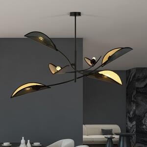 Stropní svítidlo LOTUS 6 – černé, zlatá textilní stínidla, 6× E14, šířka 102 cm