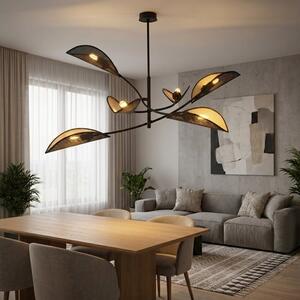Stropní svítidlo LOTUS 6 – černé, zlatá textilní stínidla, 6× E14, šířka 102 cm
