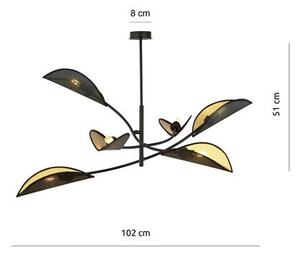 Stropní svítidlo LOTUS 6 – černé, zlatá textilní stínidla, 6× E14, šířka 102 cm