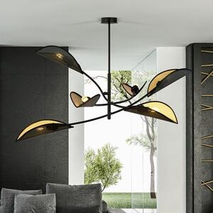 Stropní svítidlo LOTUS 6 – černé, zlatá textilní stínidla, 6× E14, šířka 102 cm