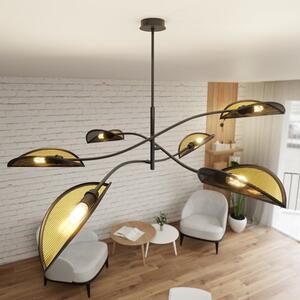 Stropní svítidlo LOTUS 6 – černé, zlatá textilní stínidla, 6× E14, šířka 102 cm