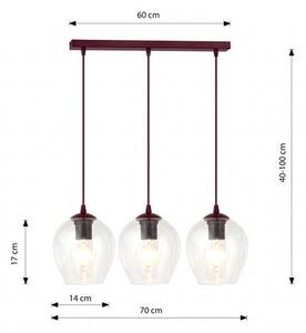 Závěsné svítidlo ISTAR 3 – vínové, čiré sklo, 3× E27, šířka 70 cm