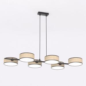 Závěsné svítidlo DRUMZ 6 – hnědé / černé, ratanová stínidla, 6× E14, šířka 100 cm