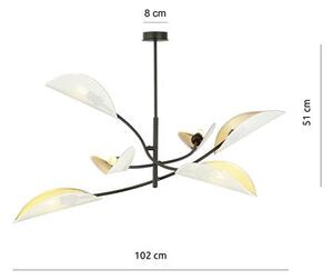 Stropní svítidlo LOTUS 6 – bílé, zlatá textilní stínidla, 6× E14, šířka 102 cm