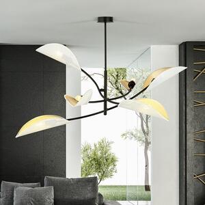 Stropní svítidlo LOTUS 6 – bílé, zlatá textilní stínidla, 6× E14, šířka 102 cm
