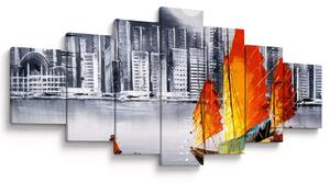Obraz - Victoria Harbor, Hong Kong, černobílá olejomalba (210x100 cm)