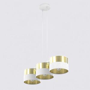 Závěsné svítidlo LUX 3 – bílé / zlaté, textilní stínidla, 3× E27, šířka 70 cm