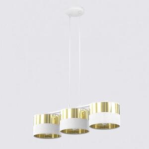 Závěsné svítidlo LUX 3 – bílé / zlaté, textilní stínidla, 3× E27, šířka 70 cm