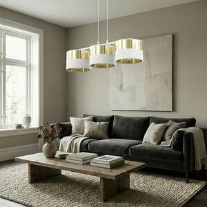 Závěsné svítidlo LUX 3 – bílé / zlaté, textilní stínidla, 3× E27, šířka 70 cm