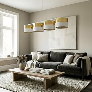 Závěsné svítidlo LUX 4 – bílé / zlaté, textilní stínidla, 4× E27, šířka 95 cm