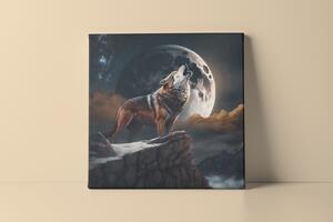 Obraz na plátně - Vlk vyjící na měsíc FeelHappy.cz Velikost obrazu: 40 x 40 cm