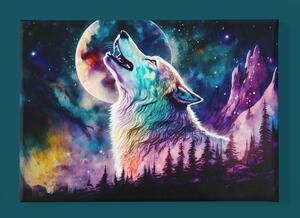Obraz na plátně - Vlk vyjící na měsíc, barevný FeelHappy.cz Velikost obrazu: 210 x 140 cm