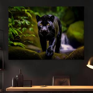 Obraz na plátně - Černý panter hrdě vykračuje u vodopádu FeelHappy.cz Velikost obrazu: 150 x 100 cm