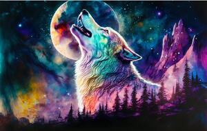 Plakát - Vlk vyjící na měsíc, akvarel FeelHappy.cz Velikost plakátu: A3 (29,7 × 42 cm)