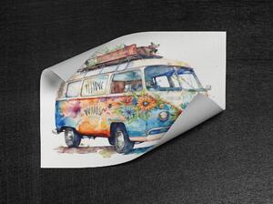 Plakát - Hippie dodávka, vanlife, akvarel FeelHappy.cz Velikost plakátu: A3 (29,7 × 42 cm)