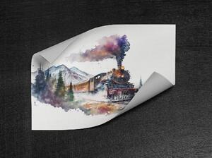 Plakát - Parní vlak v horách, akvarel FeelHappy.cz Velikost plakátu: A4 (21 × 29,7 cm)