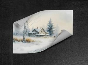 Plakát - Sova na poštovní schránce, venkov v zimě, akvarel FeelHappy.cz Velikost plakátu: A3 (29,7 × 42 cm)