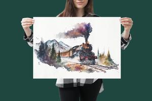 Plakát - Parní vlak v horách, akvarel FeelHappy.cz Velikost plakátu: A0 (84 x 119 cm)