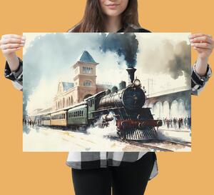 Plakát - Parní vlak v nádraží FeelHappy.cz Velikost plakátu: A1 (59,4 × 84 cm)