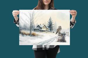 Plakát - Sova na poštovní schránce, venkov v zimě, akvarel FeelHappy.cz Velikost plakátu: A1 (59,4 × 84 cm)