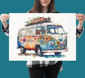 Plakát - Hippie dodávka, vanlife, akvarel FeelHappy.cz Velikost plakátu: A1 (59,4 × 84 cm)