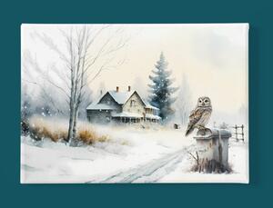 Obraz na plátně - Sova na poštovní schránce, venkov v zimě FeelHappy.cz Velikost obrazu: 40 x 30 cm