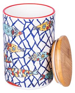 VILLA D’ESTE HOME TIVOLI Designová dóza s bambusovým víkem Los Cabos, keramika, bíla/modrá, dekor ryby, 870 ml