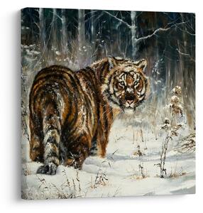 Obraz - Tygr v zasněženém lese, olejomalba (30x30 cm)