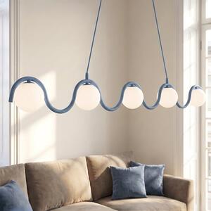 Závěsné svítidlo SINUS 5 – tlumeně modré, bílé sklo, 5× G9, šířka 110 cm