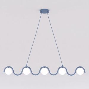 Závěsné svítidlo SINUS 5 – tlumeně modré, bílé sklo, 5× G9, šířka 110 cm