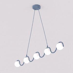 Závěsné svítidlo SINUS 5 – tlumeně modré, bílé sklo, 5× G9, šířka 110 cm