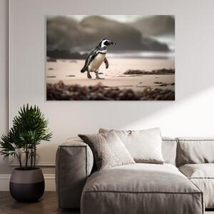 Obraz na plátně - tučňák na pláži s kameny FeelHappy.cz Velikost obrazu: 180 x 120 cm