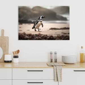 Obraz na plátně - tučňák na pláži s kameny FeelHappy.cz Velikost obrazu: 60 x 40 cm