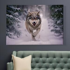 Obraz na plátně - Vlk běžící zasněženou krajinou FeelHappy.cz Velikost obrazu: 210 x 140 cm