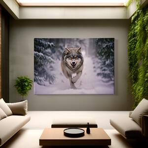 Obraz na plátně - Vlk běžící zasněženou krajinou FeelHappy.cz Velikost obrazu: 210 x 140 cm