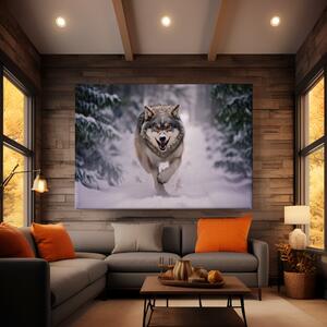 Obraz na plátně - Vlk běžící zasněženou krajinou FeelHappy.cz Velikost obrazu: 150 x 100 cm