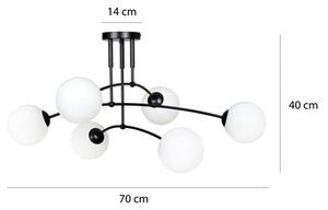 Stropní svítidlo PREGOS 6 – černé, bílé sklo, 6× E14, šířka 70 cm