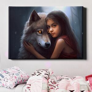 Obraz na plátně - Dívka a její nejlepší přítel vlk FeelHappy.cz Velikost obrazu: 40 x 30 cm
