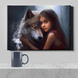 Obraz na plátně - Dívka a její nejlepší přítel vlk FeelHappy.cz Velikost obrazu: 210 x 140 cm