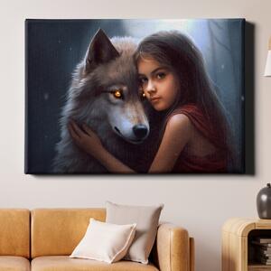 Obraz na plátně - Dívka a její nejlepší přítel vlk FeelHappy.cz Velikost obrazu: 210 x 140 cm