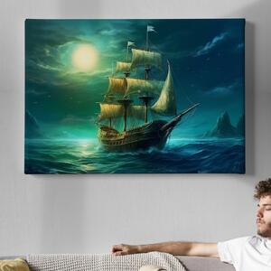 Obraz na plátně - Velká plachetnice na moři za úplňku FeelHappy.cz Velikost obrazu: 150 x 100 cm