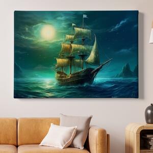 Obraz na plátně - Velká plachetnice na moři za úplňku FeelHappy.cz Velikost obrazu: 40 x 30 cm