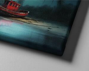 Obraz na plátně - Starý opuštěný červený člun za úplňku FeelHappy.cz Velikost obrazu: 210 x 140 cm