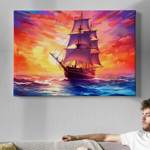 Obraz na plátně - Velká plachetnice na moři při západu slunce FeelHappy.cz Velikost obrazu: 40 x 30 cm