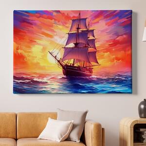 Obraz na plátně - Velká plachetnice na moři při západu slunce FeelHappy.cz Velikost obrazu: 210 x 140 cm