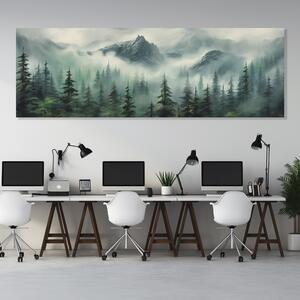 Obraz na plátně - Les s horami v mlžném oparu FeelHappy.cz Velikost obrazu: 60 x 20 cm