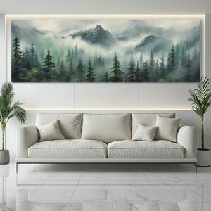 Obraz na plátně - Les s horami v mlžném oparu FeelHappy.cz Velikost obrazu: 150 x 50 cm